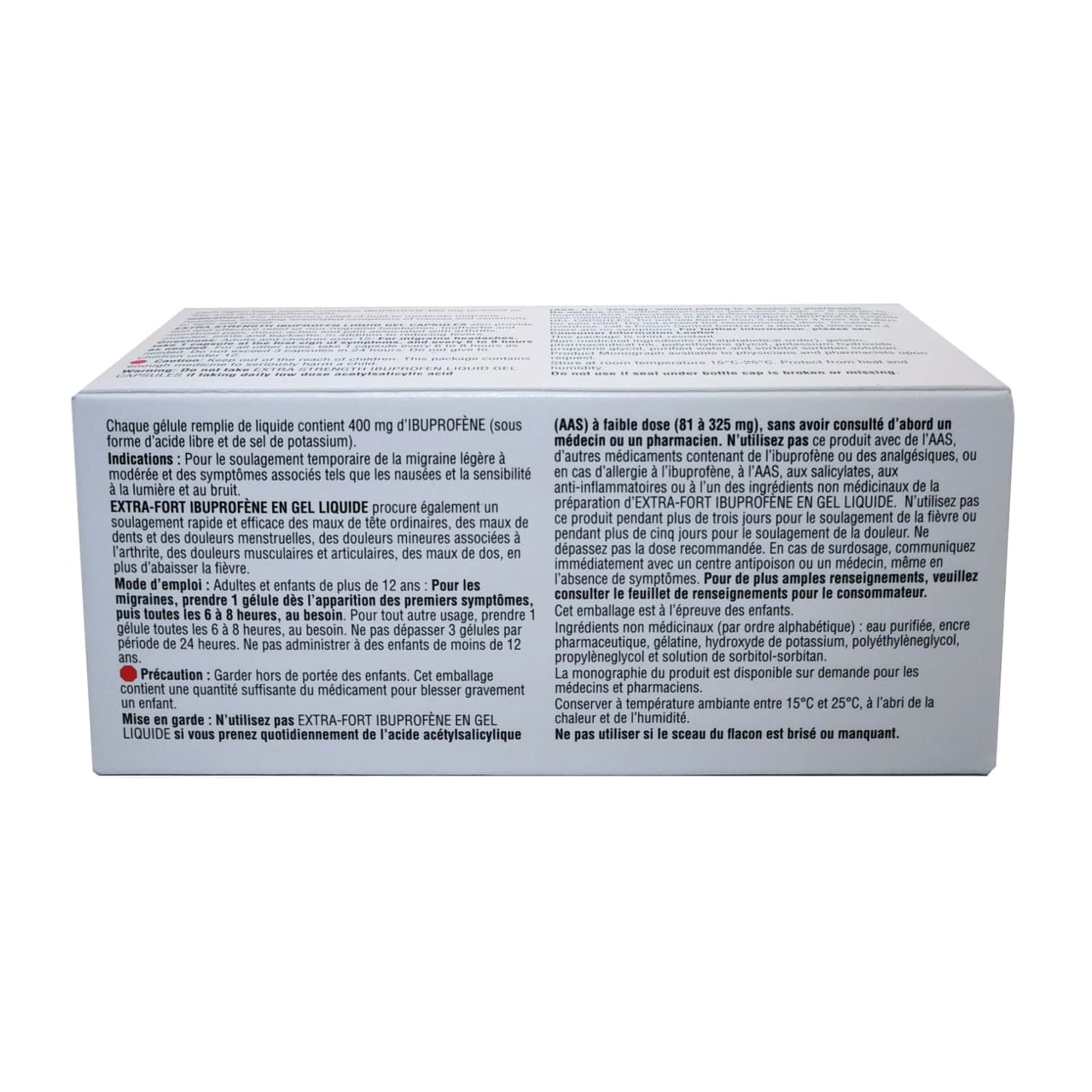 Product details, directions, ingredients, and warnings for Apothecare Extra Strength Ibuprofen 400mg Gel Caps in French