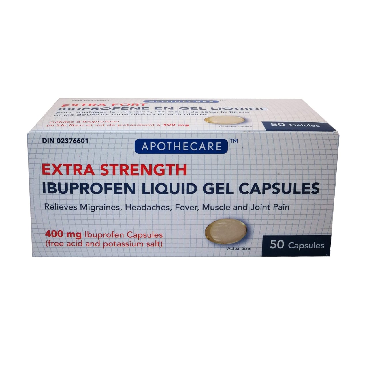 Product package for Apothecare Extra Strength Ibuprofen 400mg Gel Caps in English