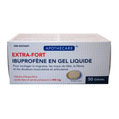 Product package for Apothecare Extra Strength Ibuprofen 400mg Gel Caps in French