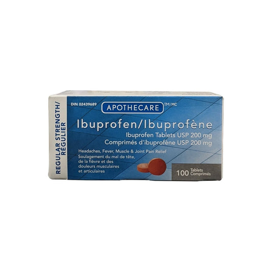 Product label for Apothecare Regular Strength Ibuprofen 200 mg (100 tablets) 