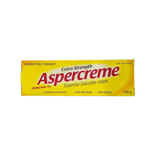 Product label for Aspercreme Extra Strength Trolamine Salicylate Cream (106 grams) in English