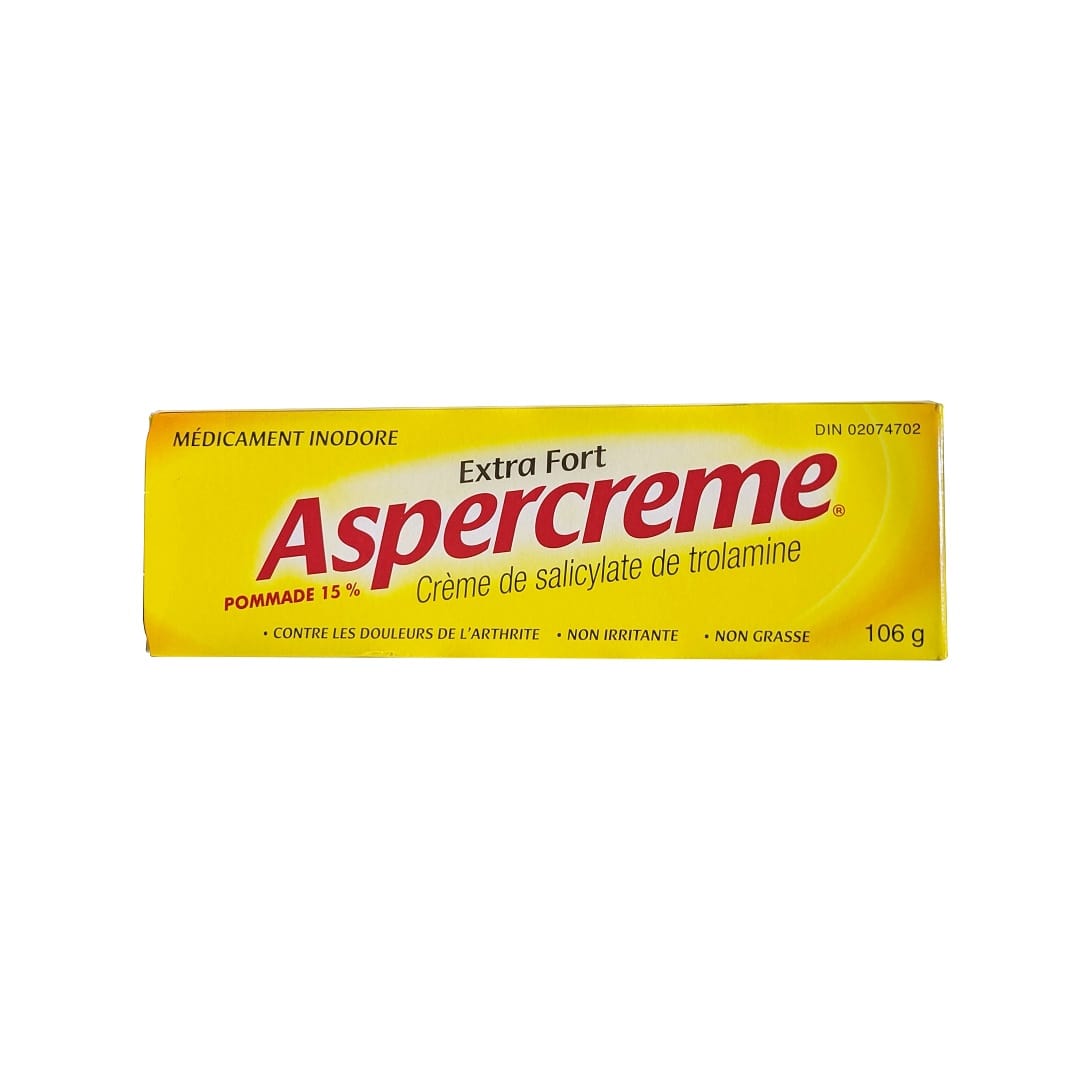 Product label for Aspercreme Extra Strength Trolamine Salicylate Cream (106 grams) in French