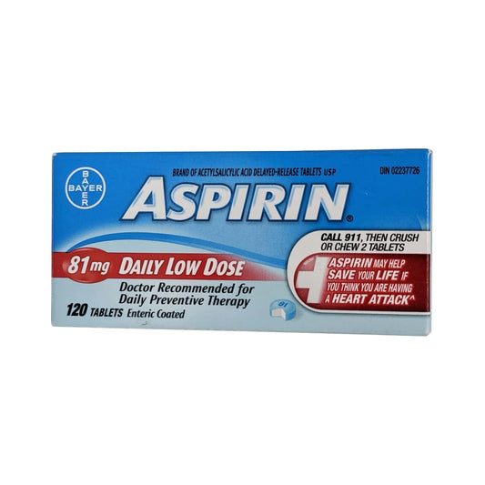 Product package for Aspirin Acetylsalicylic Acid 81mg Low Dose Delayed Release Tablets 120 pack in English