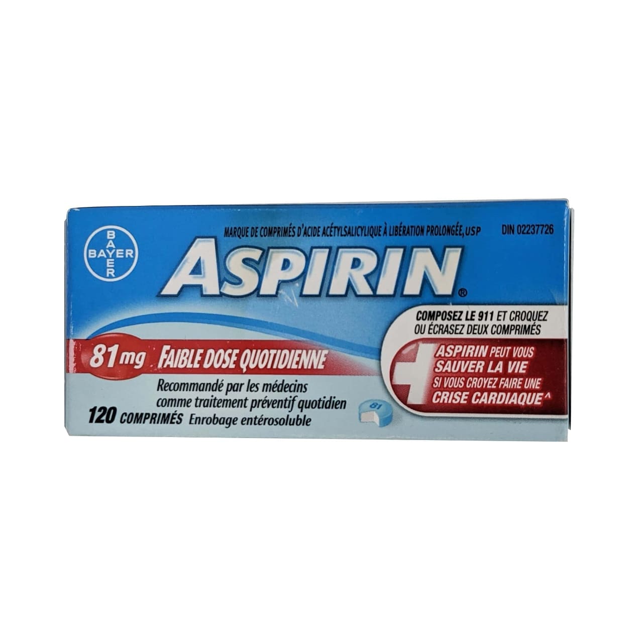 Product package for Aspirin Acetylsalicylic Acid 81mg Low Dose Delayed Release Tablets 120 pack in French
