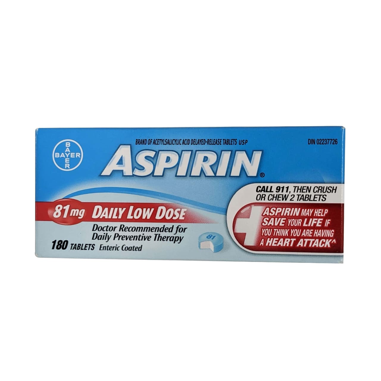 Product package for Aspirin Acetylsalicylic Acid 81mg Low Dose Delayed Release Tablets 180 pack in English
