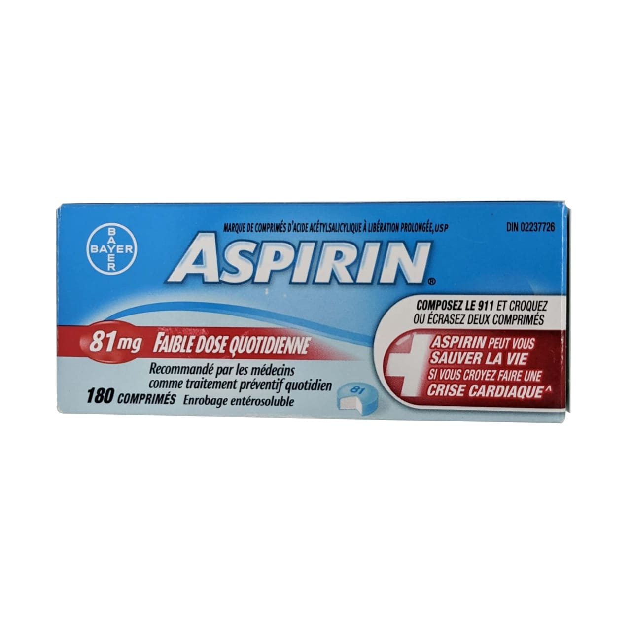 Product package for Aspirin Acetylsalicylic Acid 81mg Low Dose Delayed Release Tablets 180 pack in French