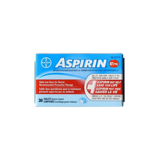 Product label for Aspirin Acetylsalicylic Acid 81mg Low Dose Delayed Release Tablets (30 tablets)