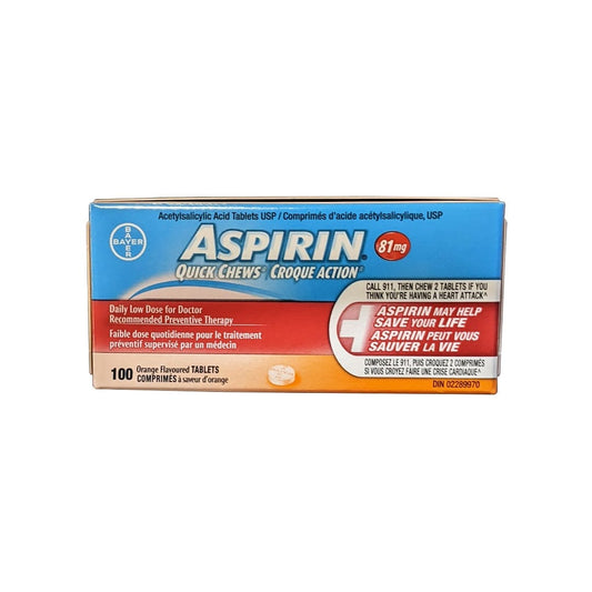 Product label for Aspirin Acetylsalicylic Acid 81mg Low Dose Quick Chews Orange Flavour (100 tablets)