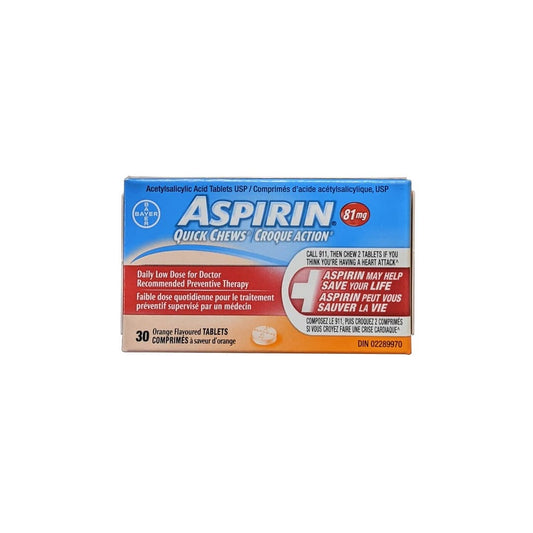 Product label for Aspirin Acetylsalicylic Acid 81mg Low Dose Quick Chews Orange Flavour (30 tablets)
