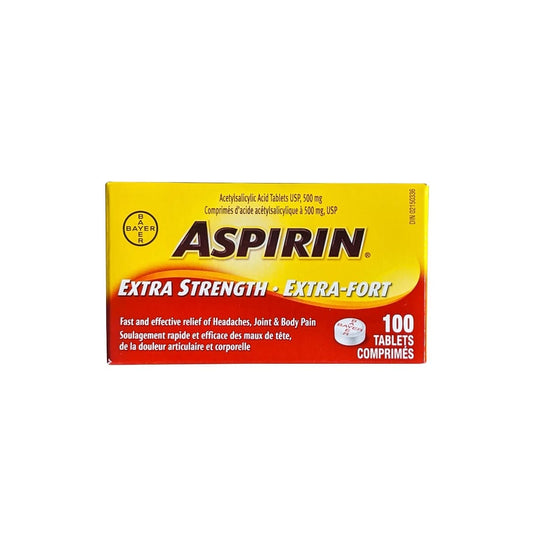 Product label for Aspirin Regular Strength Acetylsalicylic Acid 500 mg (100 tablets)