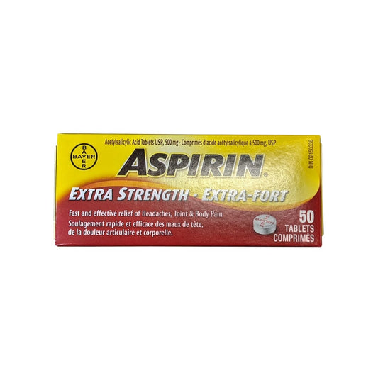 Product label for Aspirin Regular Strength Acetylsalicylic Acid 500 mg (50 tablets)