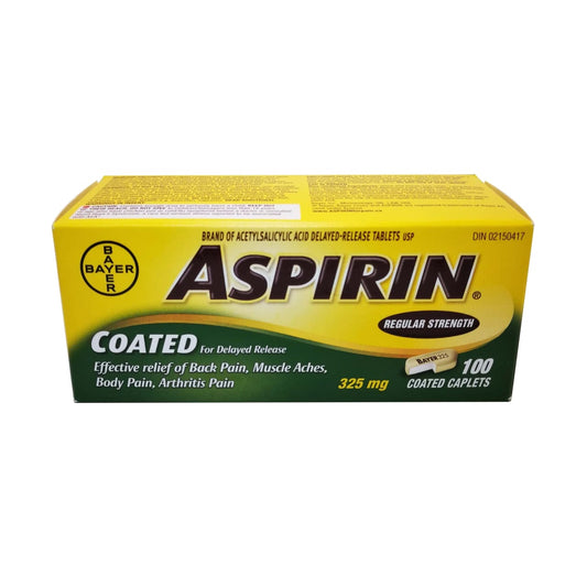 Product package for Aspirin Regular Strength Acetylsalicylic Acid 325mg Delayed Release in English