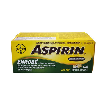 Product package for Aspirin Regular Strength Acetylsalicylic Acid 325mg Delayed Release in French