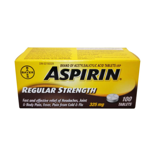 Product package for Aspirin Regular Strength Acetylsalicylic Acid 325mg (Tablets) 100 pack in English