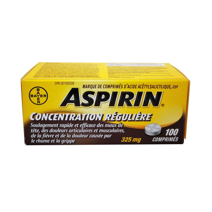 Product package for Aspirin Regular Strength Acetylsalicylic Acid 325mg (Tablets) 100 pack in English