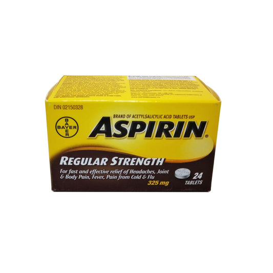 Product package for Aspirin Regular Strength Acetylsalicylic Acid 325mg (Tablets) 24 pack in English