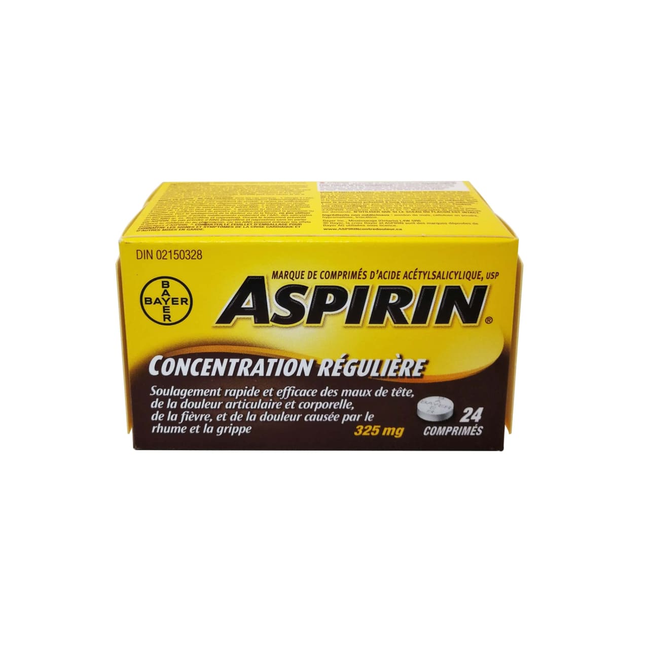 Product package for Aspirin Regular Strength Acetylsalicylic Acid 325mg (Tablets) 24 pack in French