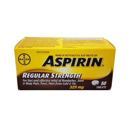 Product package for Aspirin Regular Strength Acetylsalicylic Acid 325mg (Tablets) 50 pack in English