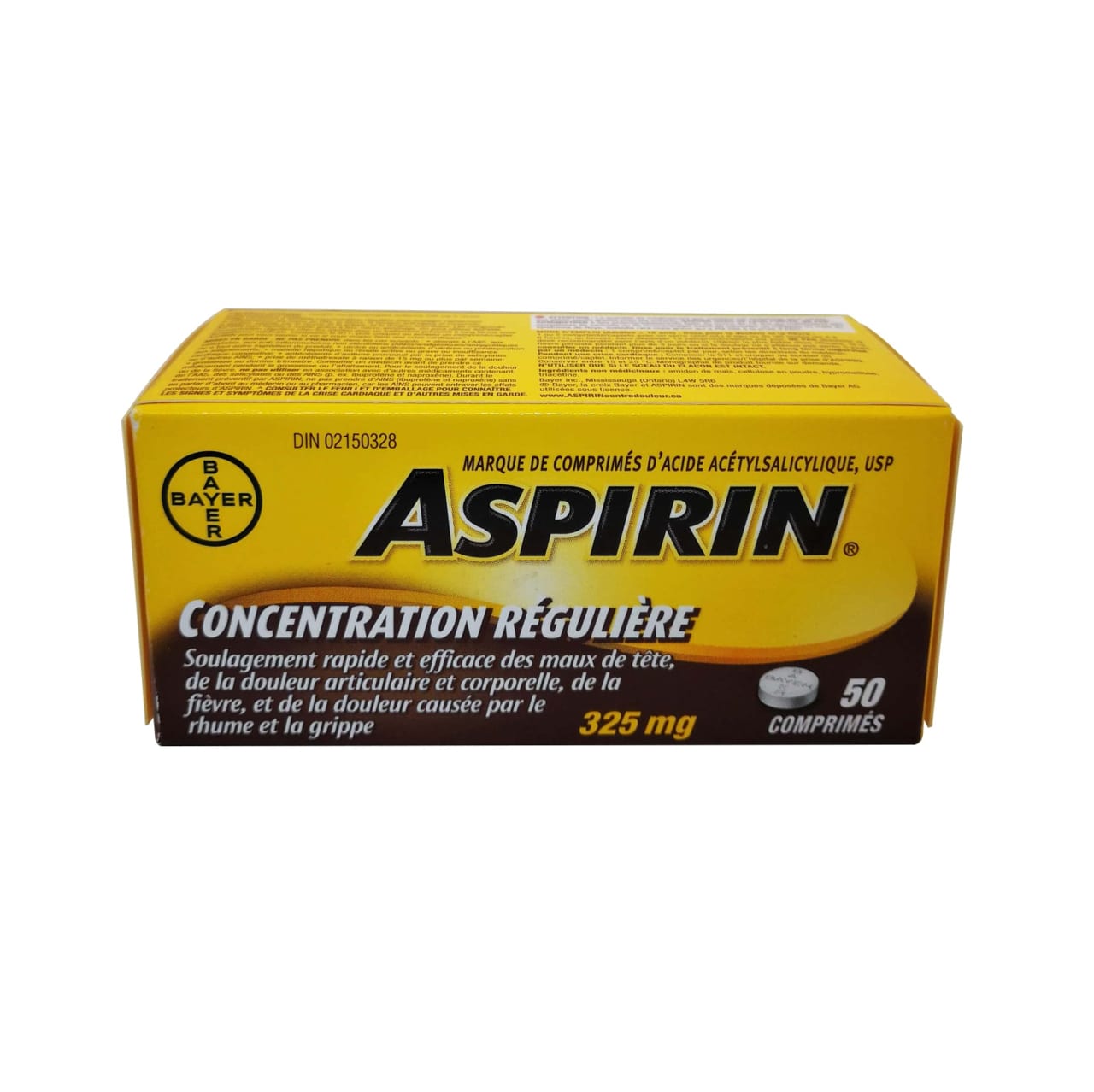 Product package for Aspirin Regular Strength Acetylsalicylic Acid 325mg (Tablets) 50 pack in French