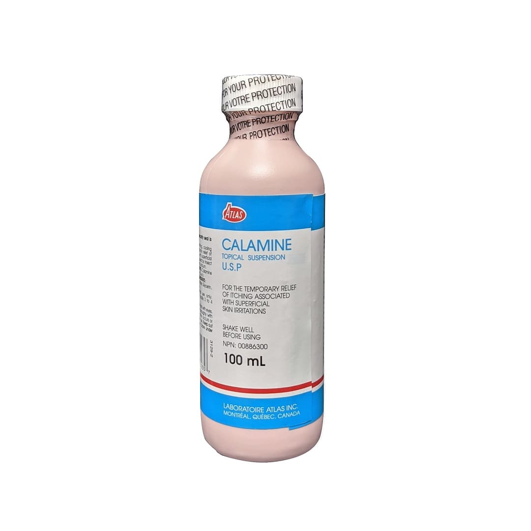 Product label for Atlas Calamine Lotion USP (100 mL) in English