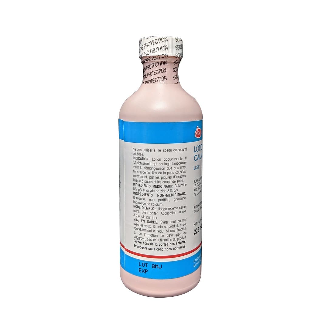 Indication, Ingredients, directions, and cautions for Atlas Calamine Lotion USP (225 mL) in French