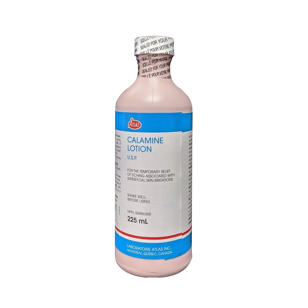 Product label for Atlas Calamine Lotion USP (225 mL) in English