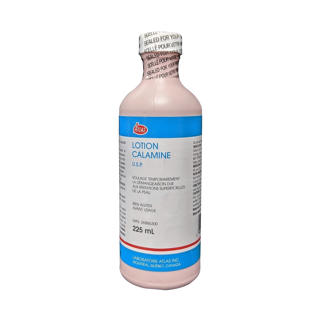 Product label for Atlas Calamine Lotion USP (225 mL) in French