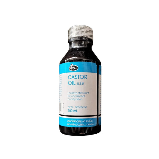 Product label for Atlas Castor Oil (100 mL) in English