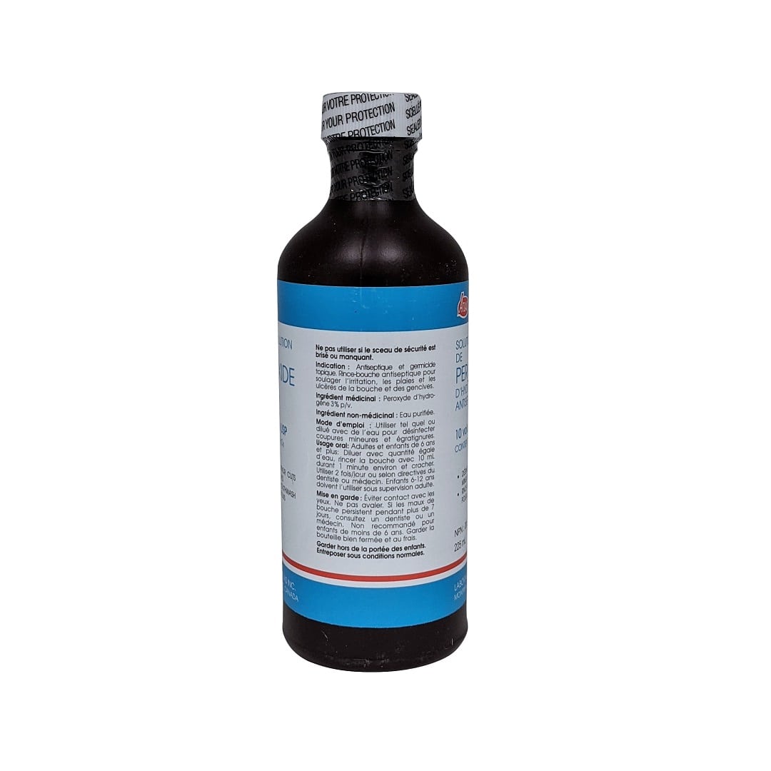 Indications, ingredients, directions, and caution for Atlas Hydrogen Peroxide Topical Solution USP 3% (225 mL) in French