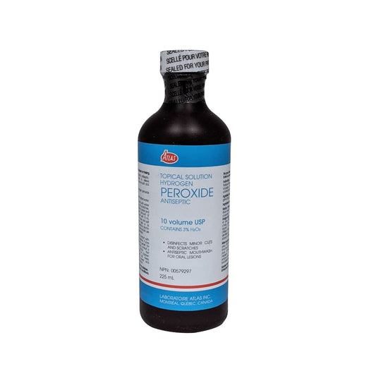 Product label for Atlas Hydrogen Peroxide Topical Solution USP 3% 225 mL in English