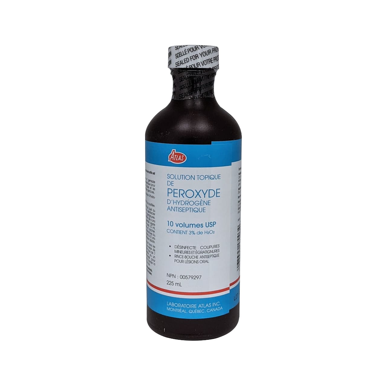 Product label for Atlas Hydrogen Peroxide Topical Solution USP 3% 225 mL in French