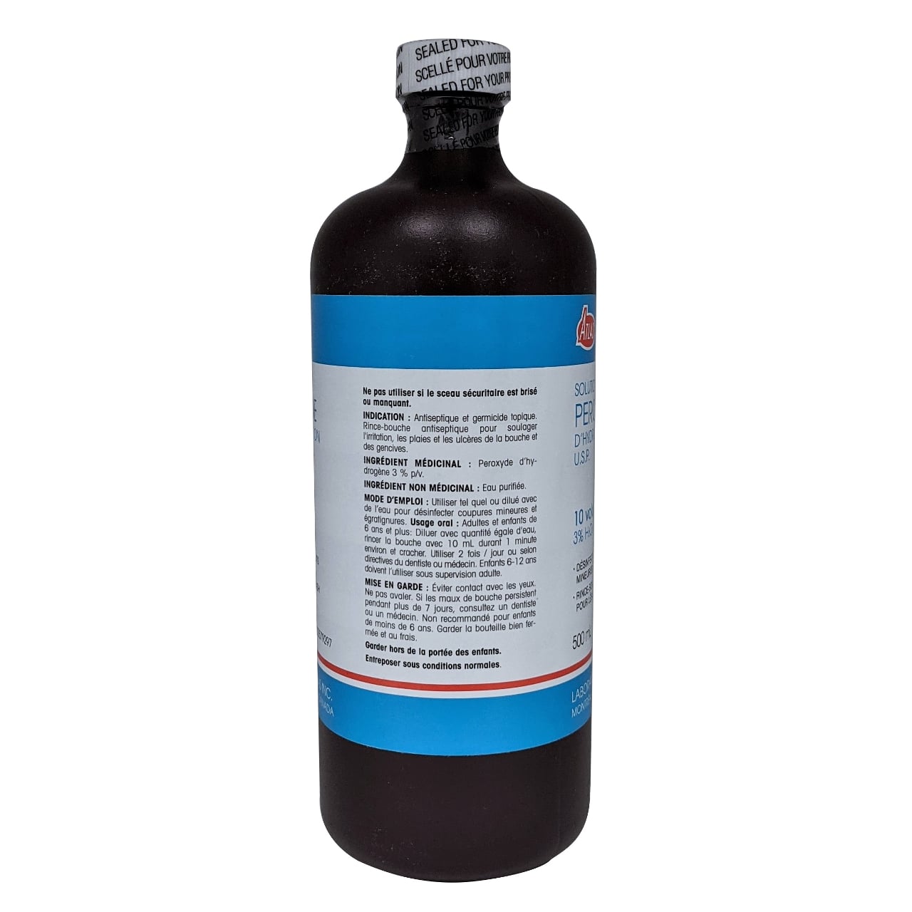 Indication, ingredients, directions, and caution for Atlas Hydrogen Peroxide Topical Solution USP 3% (500 mL) in French