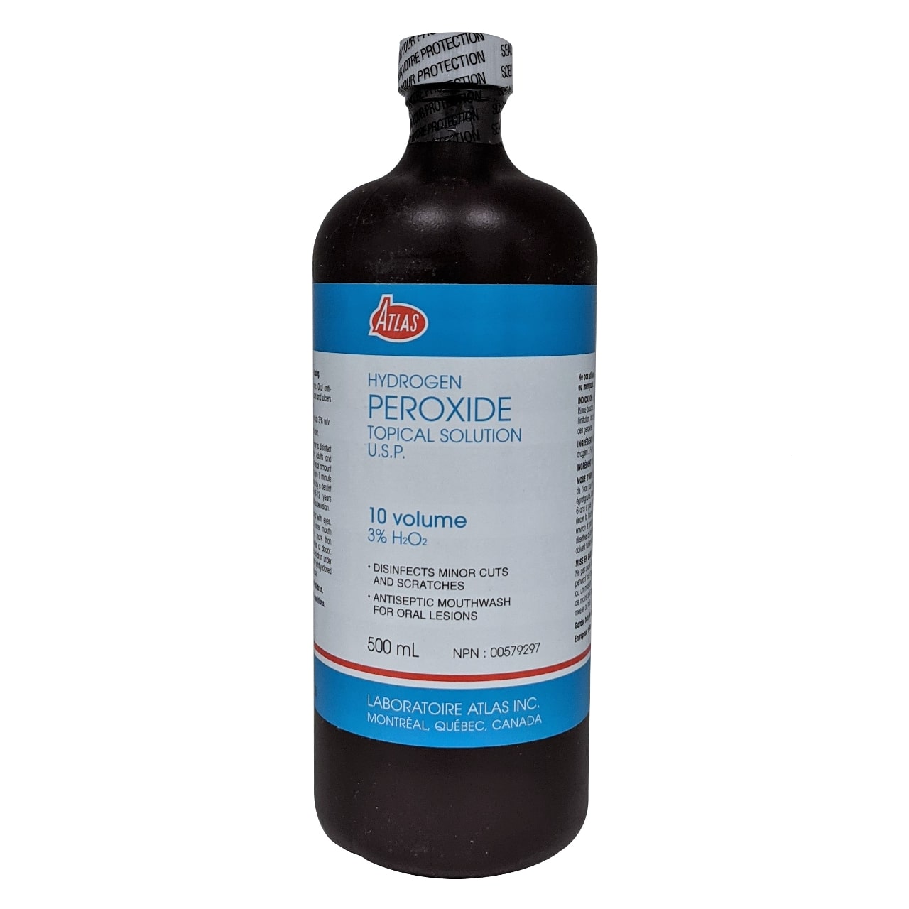 Product label for Atlas Hydrogen Peroxide Topical Solution USP 3% (500 mL) in English