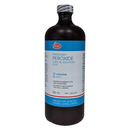 Product label for Atlas Hydrogen Peroxide Topical Solution USP 3% (500 mL) in English