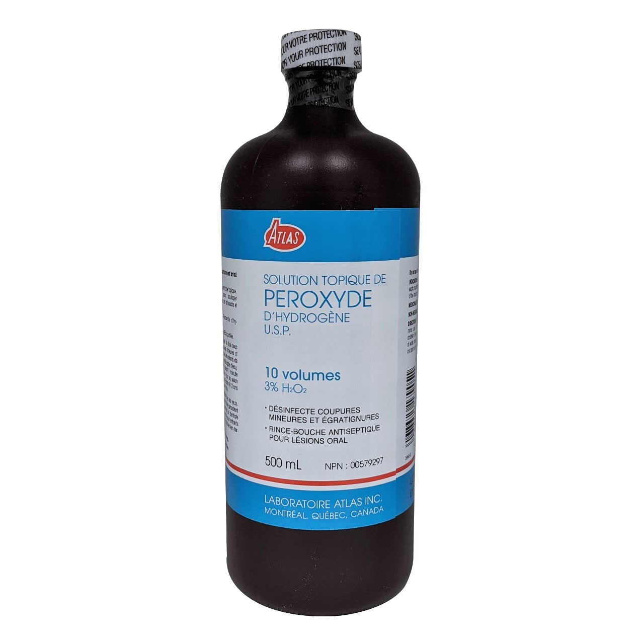 Product label for Atlas Hydrogen Peroxide Topical Solution USP 3% (500 mL) in French
