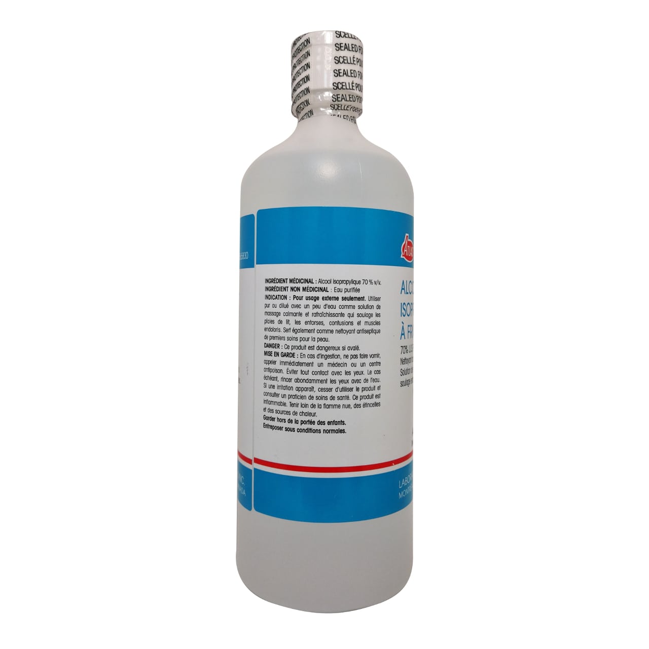Product details, ingredients, directions, and cautions for Atlas Isopropyl Alcohol 70% in French
