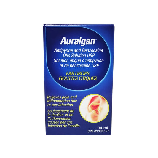 Product label for Auralgan Ear Drops (14 mL)