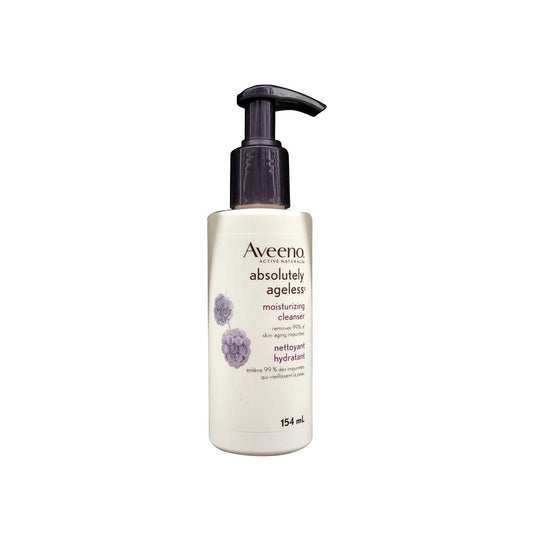 Product label for Aveeno Absolutely Ageless Moisturizing Cleanser (154 mL)