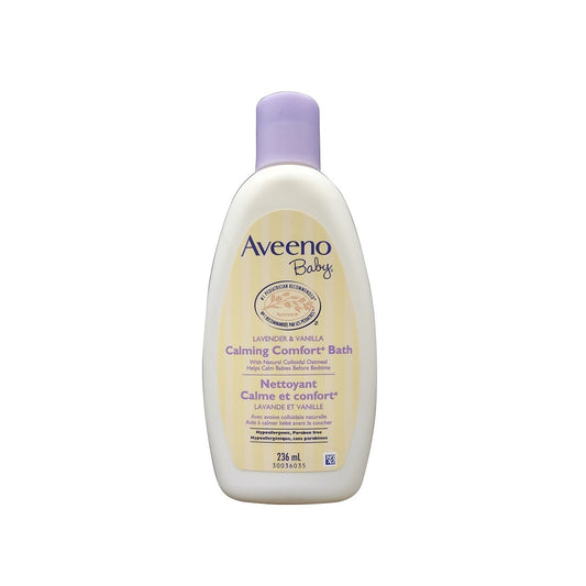 Product label for Aveeno Baby Calming Comfort Bath (236 mL)