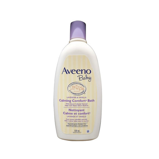 Product label for Aveeno Baby Calming Comfort Bath (532 mL)