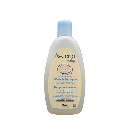 Product label for Aveeno Baby Lightly Scented Wash and Shampoo (236 mL)