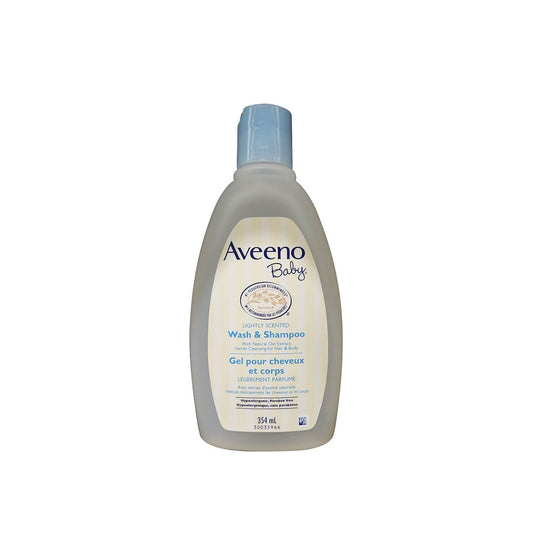 Product label for Aveeno Baby Lightly Scented Wash and Shampoo (354 mL)