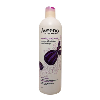 Product label for Aveeno Hydrating Body Wash Fig and Shea Butter (473 mL)