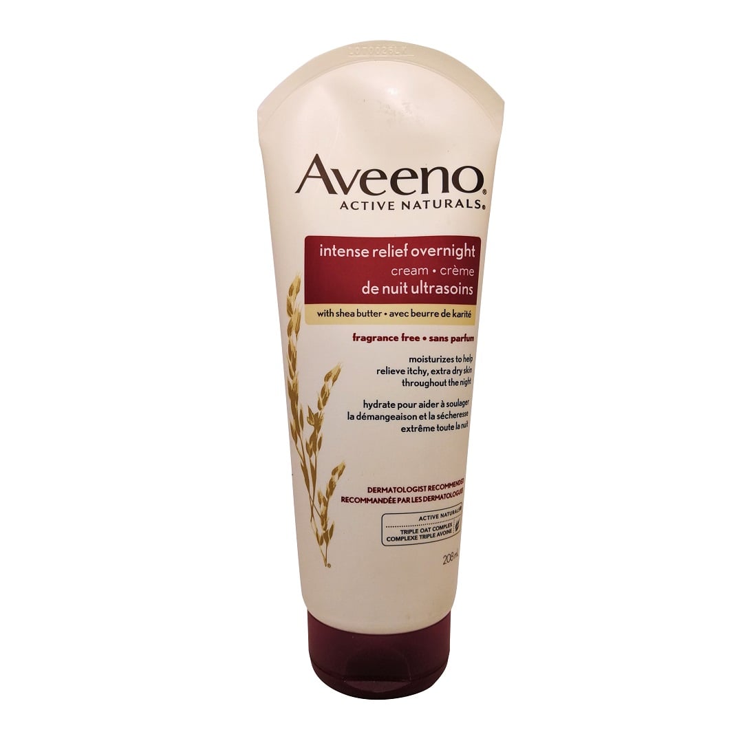 Product label for Aveeno Intense Relief Overnight Cream with Shea Butter (208mL)