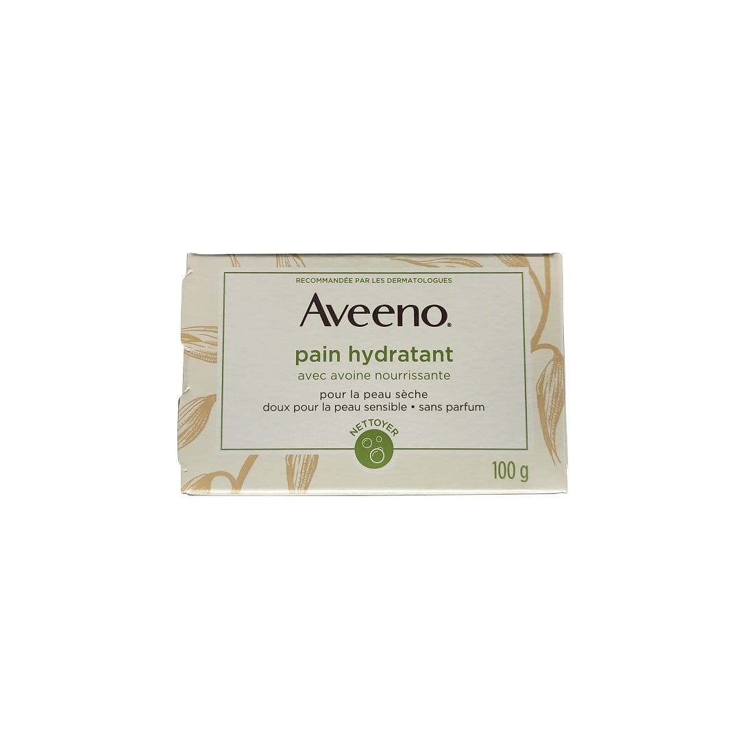 Product label for Aveeno Moisturizing Cleansing Bar (100 grams) in French