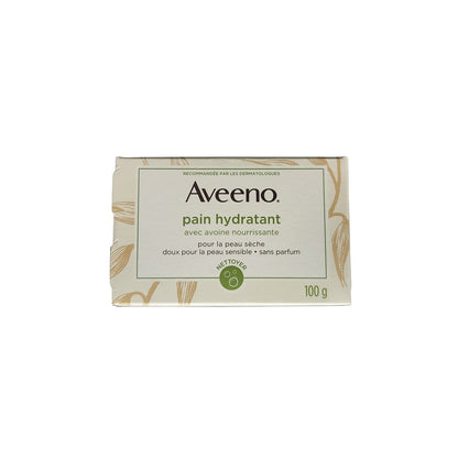 Product label for Aveeno Moisturizing Cleansing Bar (100 grams) in French