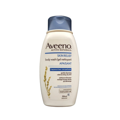 Product label for Aveeno Skin Relief Body Wash Fragrance Free (354 mL)