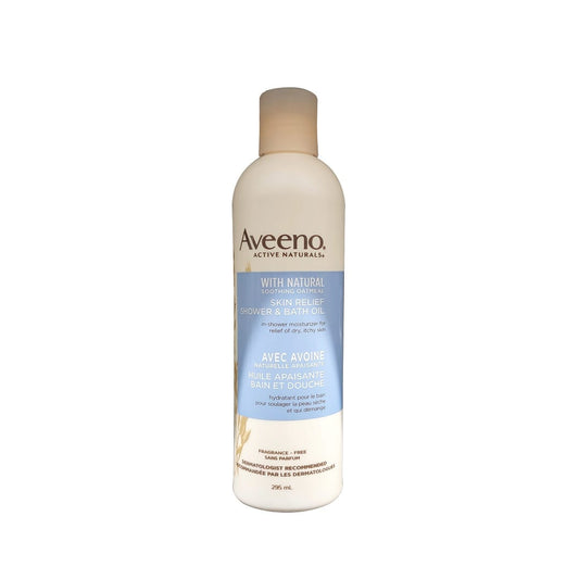 Product label for Aveeno Skin Relief Shower and Bath Oil (295 mL)