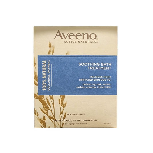 Product label for Aveeno Soothing Bath Treatment (8 x 42 grams) in English