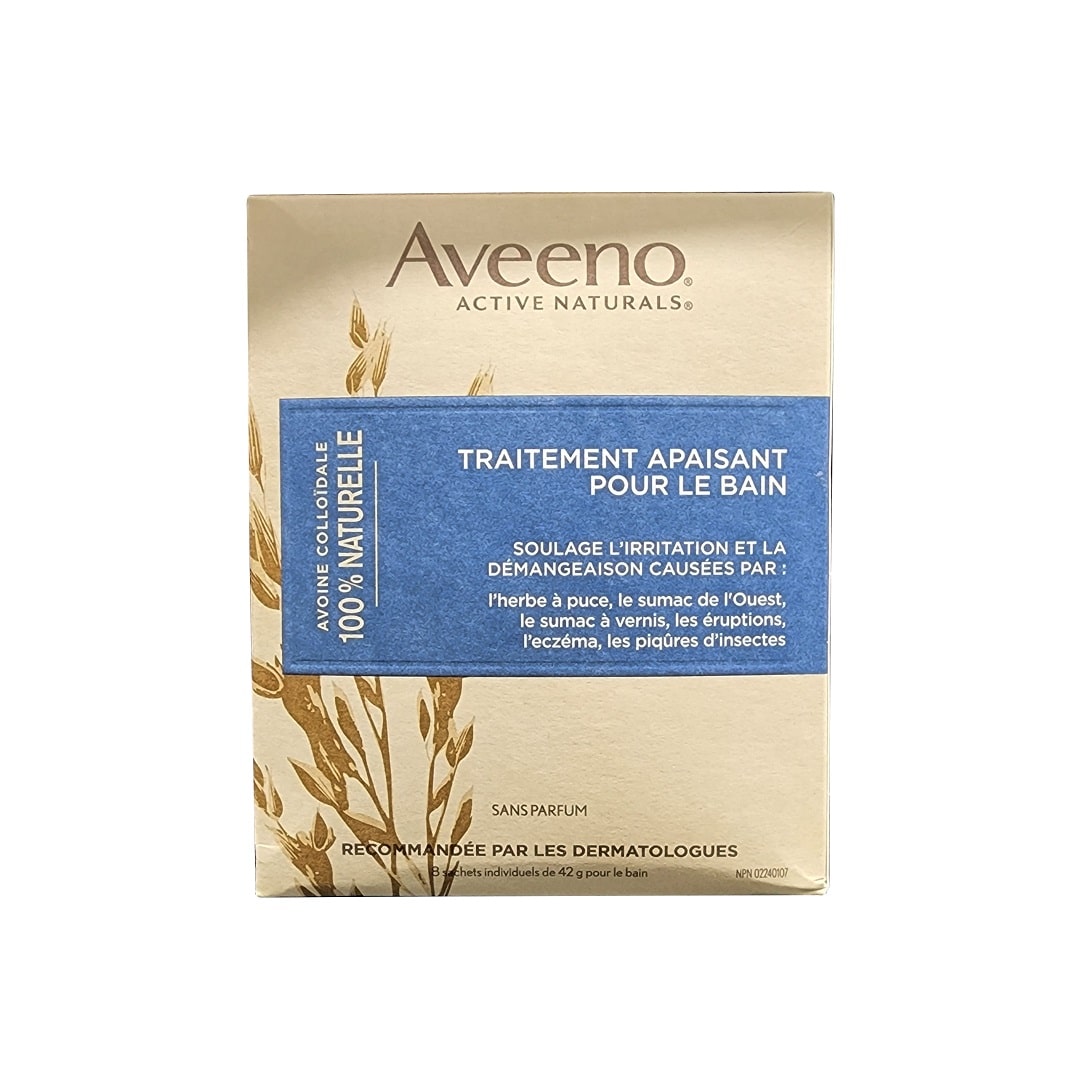 Product label for Aveeno Soothing Bath Treatment (8 x 42 grams) in French